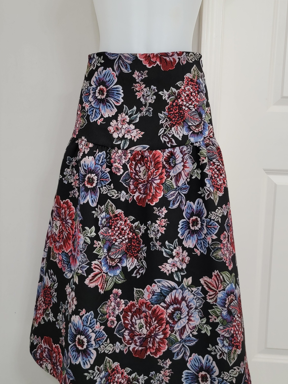 Zara Floral A-Line Skirt - Black with Red & Blue Flowers